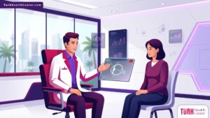 توضيح فيكتوري لعيادة طبية حديثة وطبيب يشرح تفاصيل عملية الجلوكوما بالمنظار في تركيا لمريض