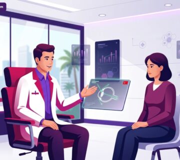 توضيح فيكتوري لعيادة طبية حديثة وطبيب يشرح تفاصيل عملية الجلوكوما بالمنظار في تركيا لمريض