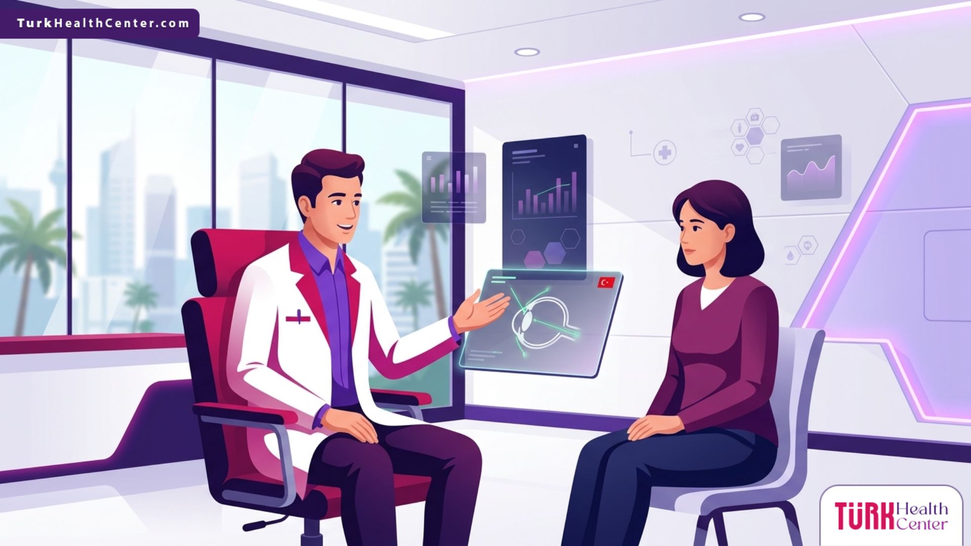 توضيح فيكتوري لعيادة طبية حديثة وطبيب يشرح تفاصيل عملية الجلوكوما بالمنظار في تركيا لمريض