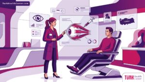 توضيح رسومي فائق الجودة لطبيب عيون يشرح تفاصيل عملية الحول بالبوتوكس في تركيا لمريض داخل عيادة حديثة 