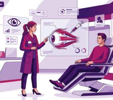 توضيح رسومي فائق الجودة لطبيب عيون يشرح تفاصيل عملية الحول بالبوتوكس في تركيا لمريض داخل عيادة حديثة 