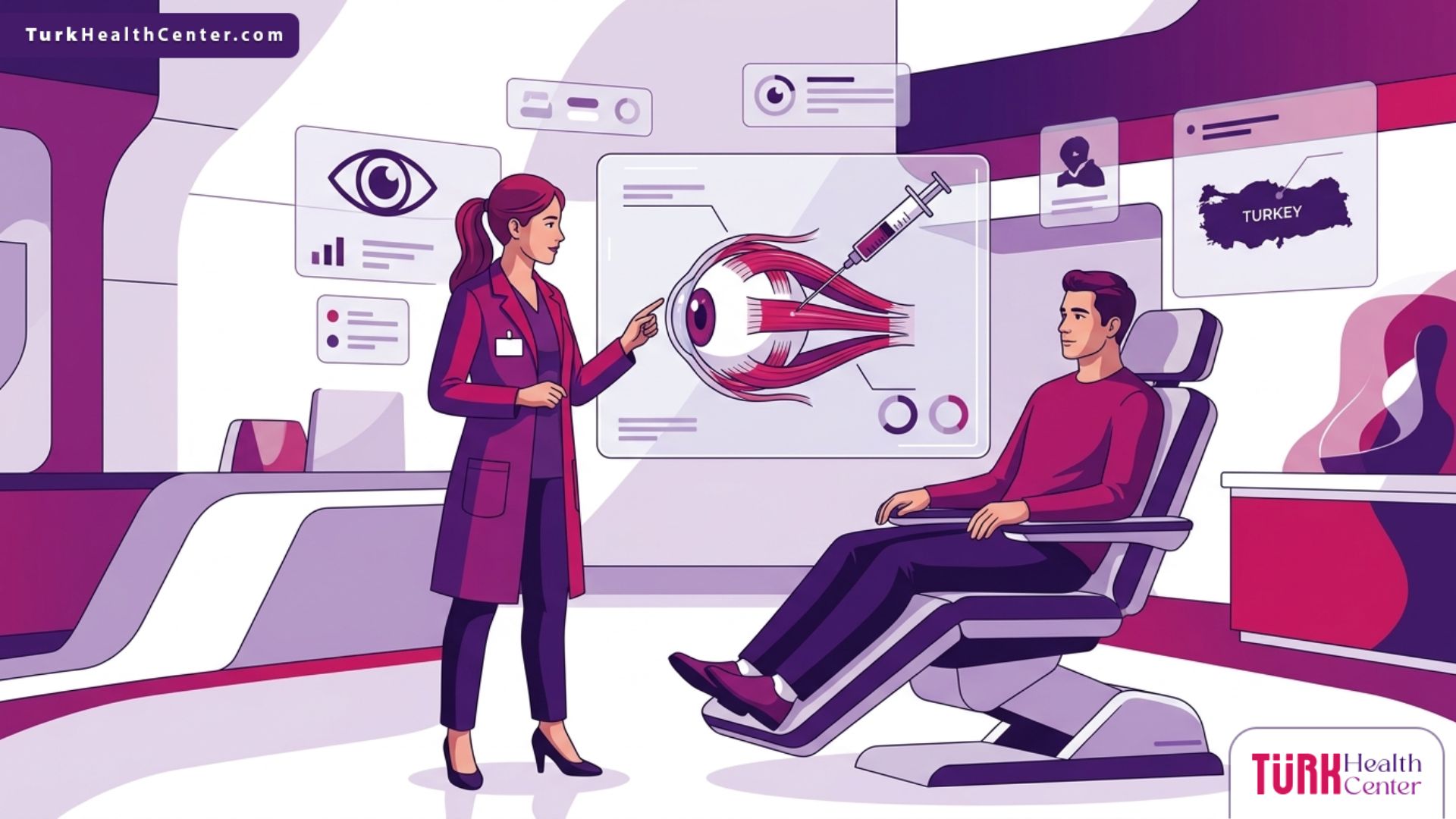 توضيح رسومي فائق الجودة لطبيب عيون يشرح تفاصيل عملية الحول بالبوتوكس في تركيا لمريض داخل عيادة حديثة 