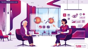 رسم توضيحي متقدم لطبيب يشرح تفاصيل عملية الفاكو للمياه البيضاء في تركيا داخل عيادة عيون حديثة 