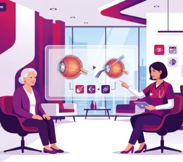 رسم توضيحي متقدم لطبيب يشرح تفاصيل عملية الفاكو للمياه البيضاء في تركيا داخل عيادة عيون حديثة 