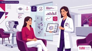 رسم توضيحي يظهر طبيب عيون يشرح تفاصيل عملية الفيمتو سمايل في تركيا للمريض داخل عيادة طبية حديثة 