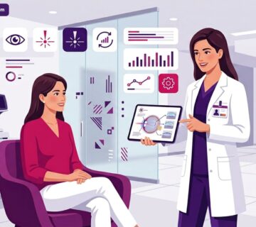 رسم توضيحي يظهر طبيب عيون يشرح تفاصيل عملية الفيمتو سمايل في تركيا للمريض داخل عيادة طبية حديثة 