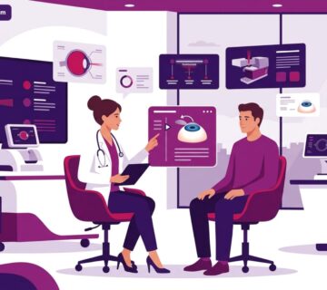 رسم توضيحي متجهي لعيادة عيون حديثة وطبيب يشرح تفاصيل عملية الفيمتو ليزك في تركيا لمريض يرتدي نظارات 