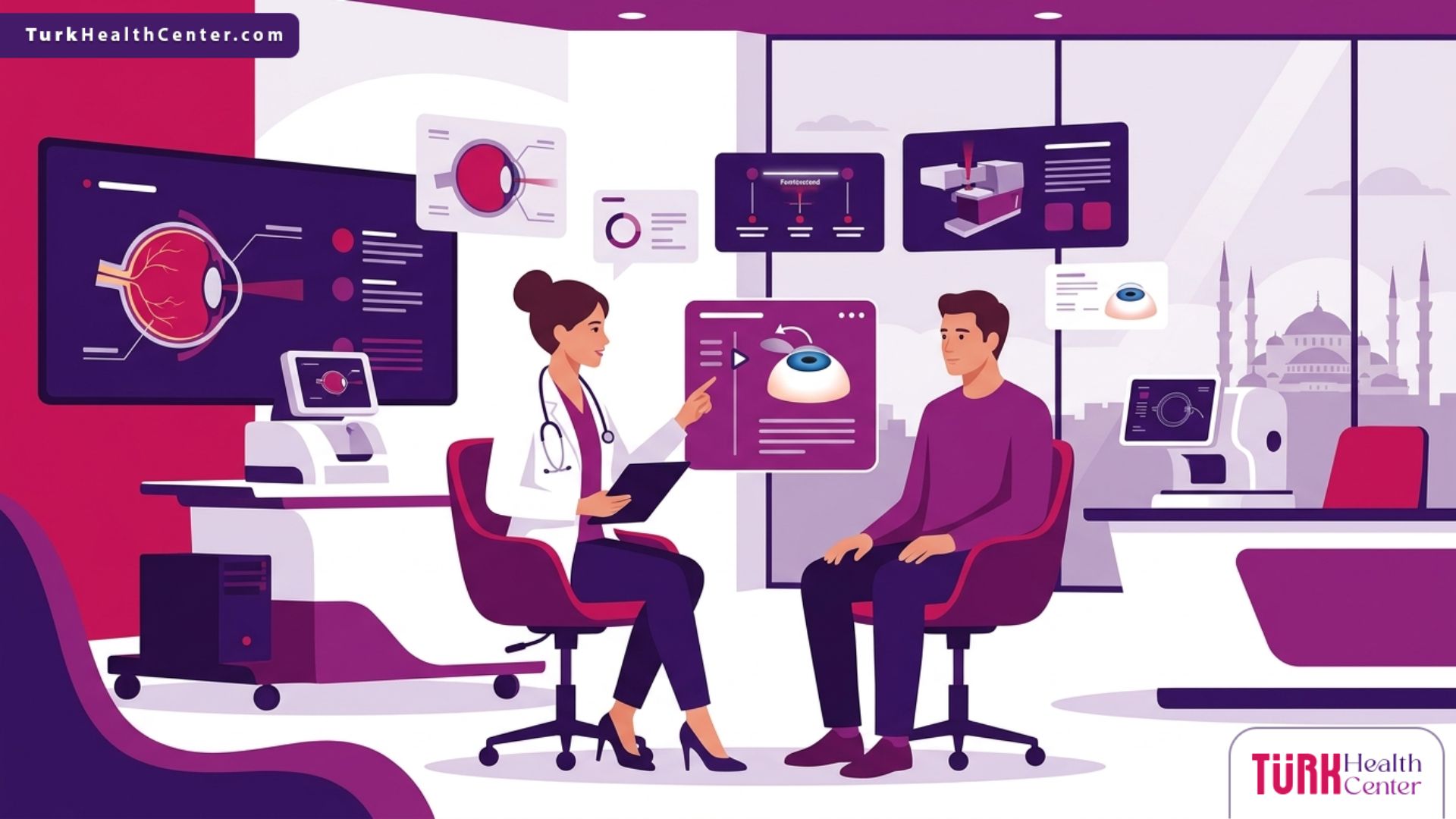 رسم توضيحي متجهي لعيادة عيون حديثة وطبيب يشرح تفاصيل عملية الفيمتو ليزك في تركيا لمريض يرتدي نظارات 