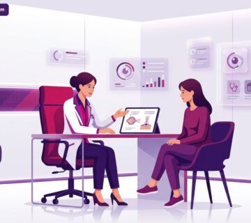 رسم توضيحي يظهر طبيب يشرح تفاصيل عملية الليزر السطحي في تركيا للمريض داخل عيادة عيون حديثة بألوان احترافية 