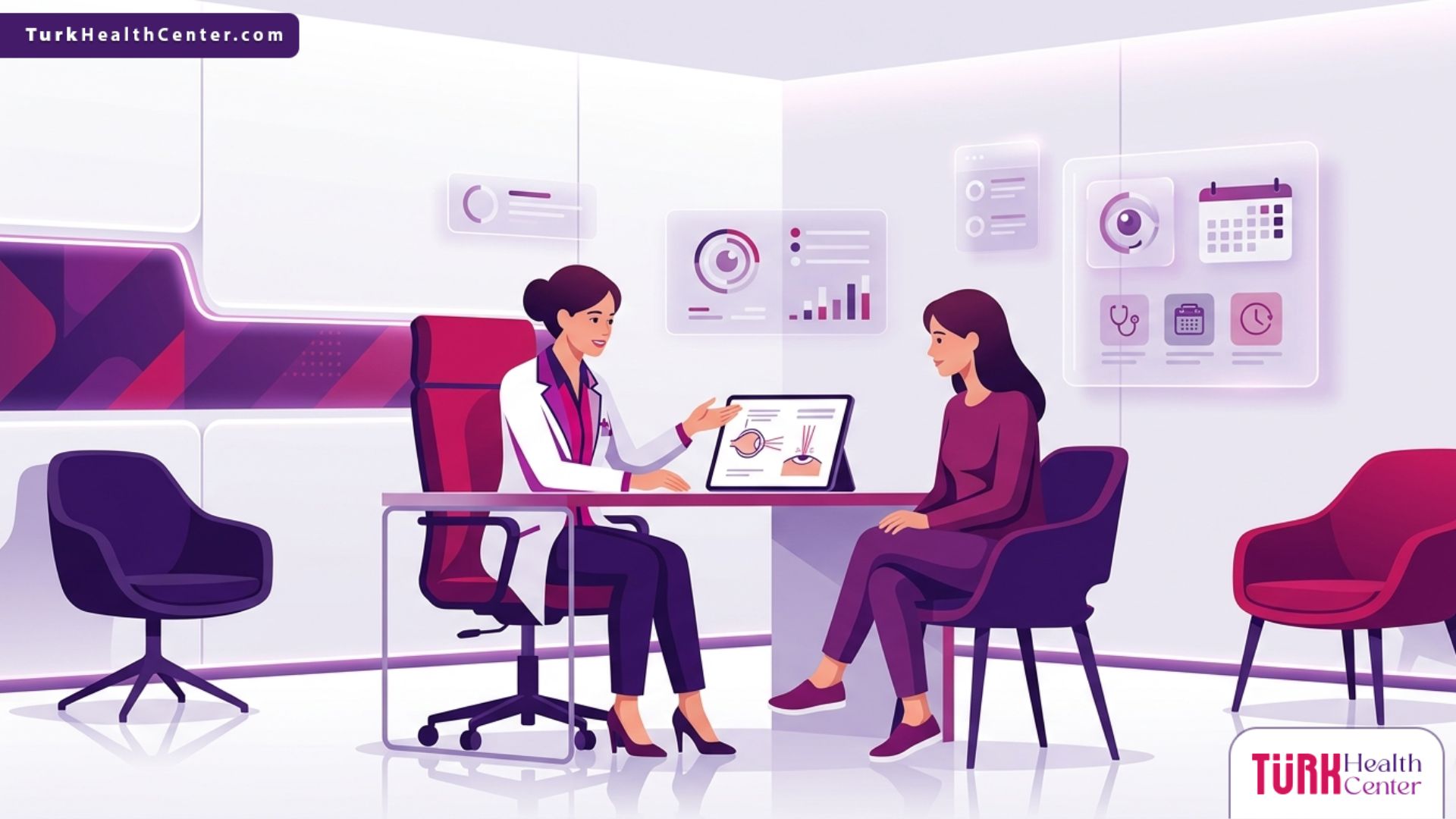 رسم توضيحي يظهر طبيب يشرح تفاصيل عملية الليزر السطحي في تركيا للمريض داخل عيادة عيون حديثة بألوان احترافية 