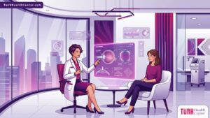رسم توضيحي لطبيب يشرح تفاصيل عملية الليزك HD في تركيا لمريض داخل عيادة عيون حديثة 