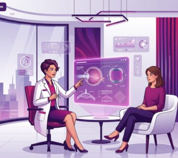 رسم توضيحي لطبيب يشرح تفاصيل عملية الليزك HD في تركيا لمريض داخل عيادة عيون حديثة 