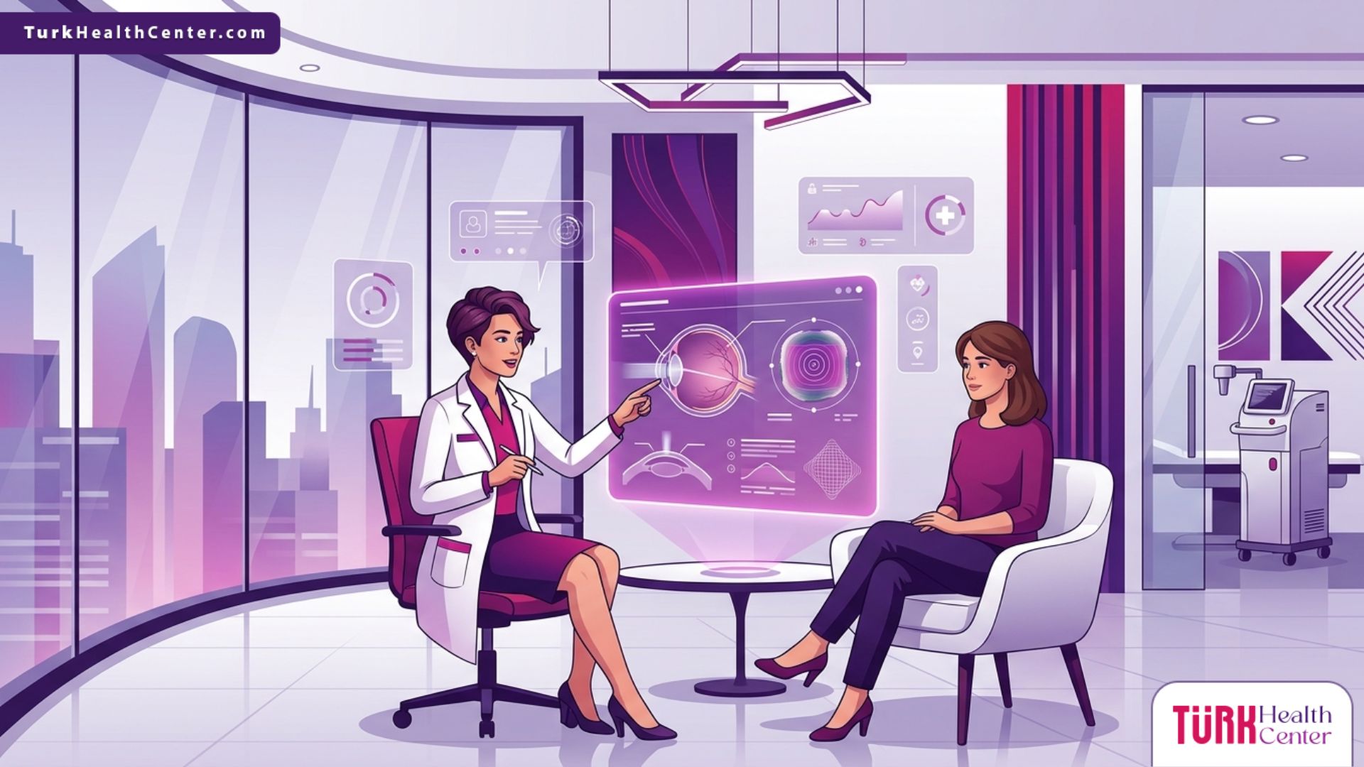 رسم توضيحي لطبيب يشرح تفاصيل عملية الليزك HD في تركيا لمريض داخل عيادة عيون حديثة 