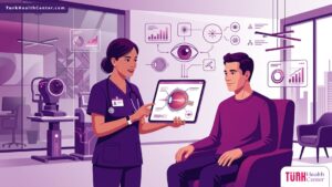 رسم توضيحي متقدم لطبيب يشرح تفاصيل عملية الليزك السطحي في تركيا للمريض داخل عيادة عيون حديثة وفاخرة 