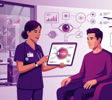 رسم توضيحي متقدم لطبيب يشرح تفاصيل عملية الليزك السطحي في تركيا للمريض داخل عيادة عيون حديثة وفاخرة 