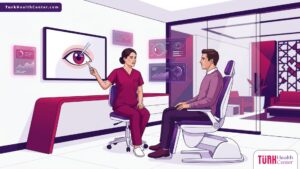 رسم توضيحي لعيادة طبية حديثة يشرح خطوات وتفاصيل عملية الليزك في تركيا للمريض 