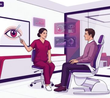 رسم توضيحي لعيادة طبية حديثة يشرح خطوات وتفاصيل عملية الليزك في تركيا للمريض 