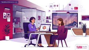 رسم توضيحي لطبيب يشرح تفاصيل عملية الماء الأبيض في تركيا للمريض داخل عيادة حديثة