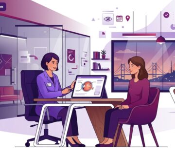 رسم توضيحي لطبيب يشرح تفاصيل عملية الماء الأبيض في تركيا للمريض داخل عيادة حديثة