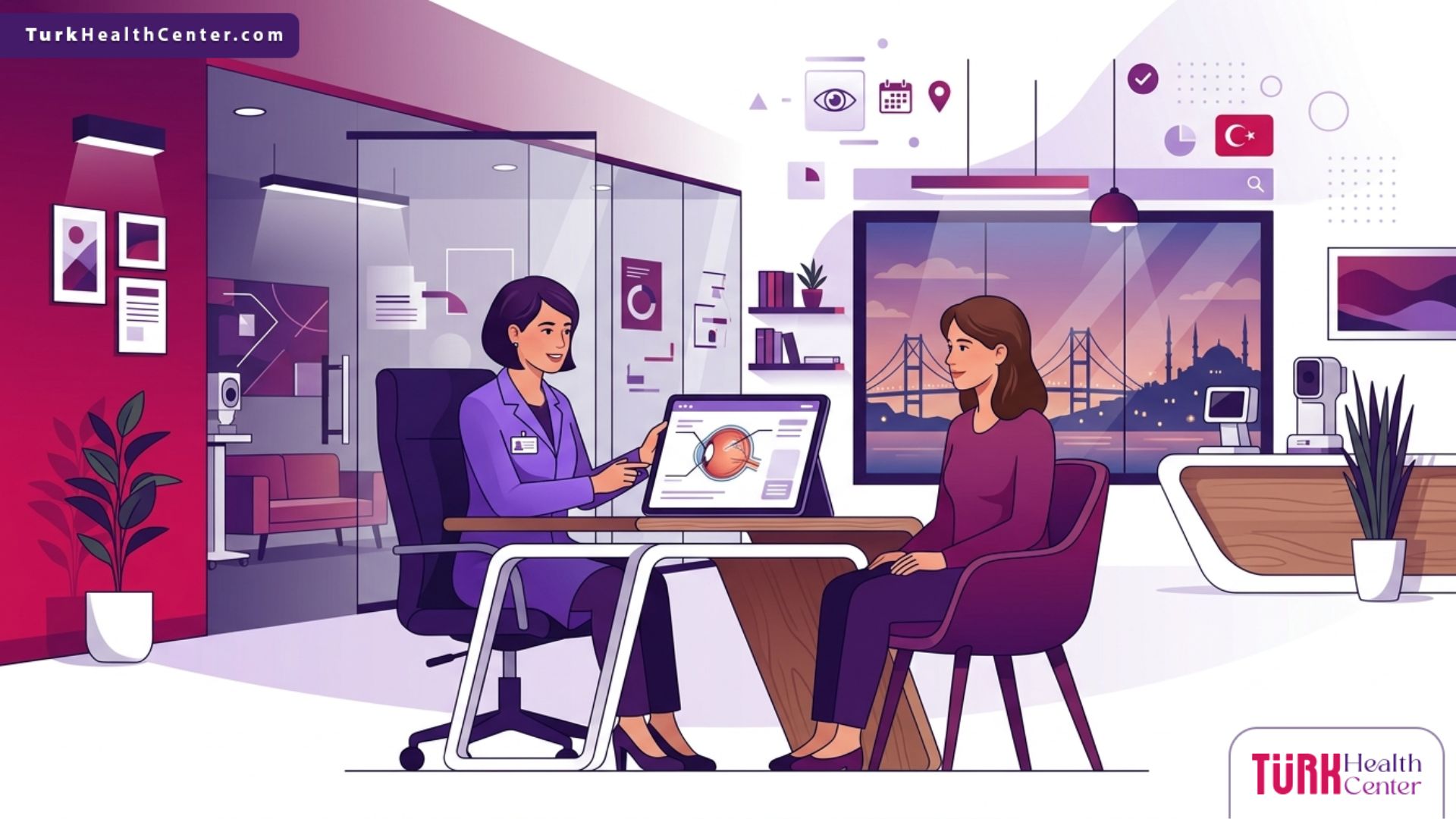 رسم توضيحي لطبيب يشرح تفاصيل عملية الماء الأبيض في تركيا للمريض داخل عيادة حديثة