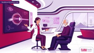 رسم توضيحي متقدم يظهر طبيب عيون يشرح خطوات عملية المياه البيضاء بالليزر في تركيا لمريض داخل عيادة طبية حديثة 