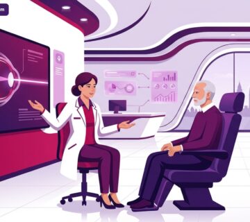 رسم توضيحي متقدم يظهر طبيب عيون يشرح خطوات عملية المياه البيضاء بالليزر في تركيا لمريض داخل عيادة طبية حديثة 