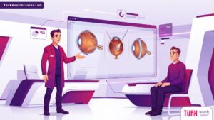 رسم متجهي يوضح طبيب عيون يشرح تفاصيل عملية انفصال الشبكية في تركيا لمريض داخل عيادة حديثة ومتطورة 