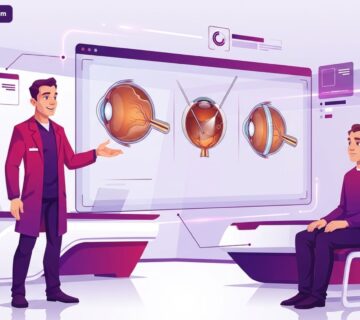 رسم متجهي يوضح طبيب عيون يشرح تفاصيل عملية انفصال الشبكية في تركيا لمريض داخل عيادة حديثة ومتطورة 