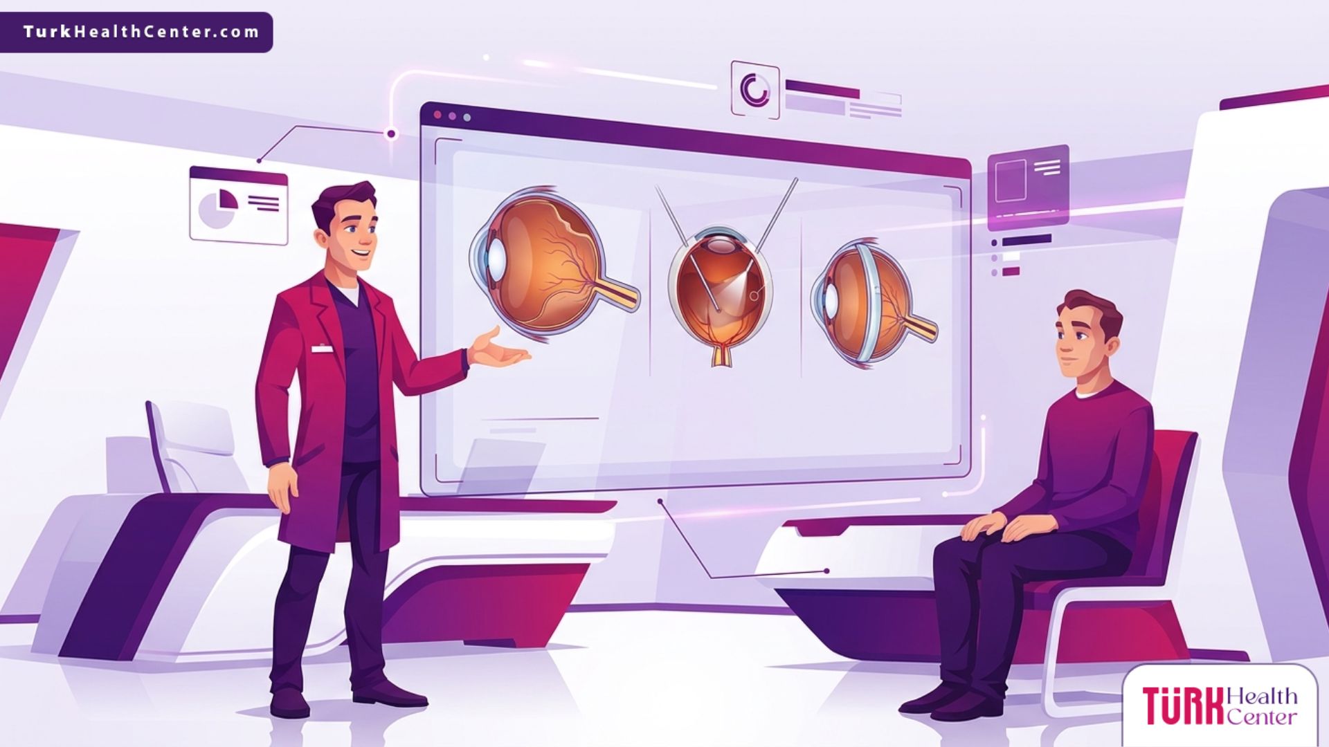 رسم متجهي يوضح طبيب عيون يشرح تفاصيل عملية انفصال الشبكية في تركيا لمريض داخل عيادة حديثة ومتطورة 