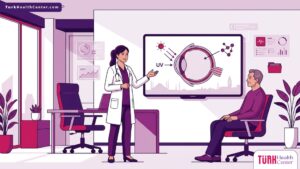 رسوم توضيحية فاخرة لطبيب يشرح خطوات عملية تثبيت القرنية في تركيا لمريض داخل عيادة عصرية متطورة 