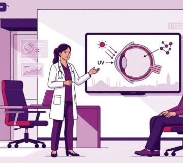 رسوم توضيحية فاخرة لطبيب يشرح خطوات عملية تثبيت القرنية في تركيا لمريض داخل عيادة عصرية متطورة 