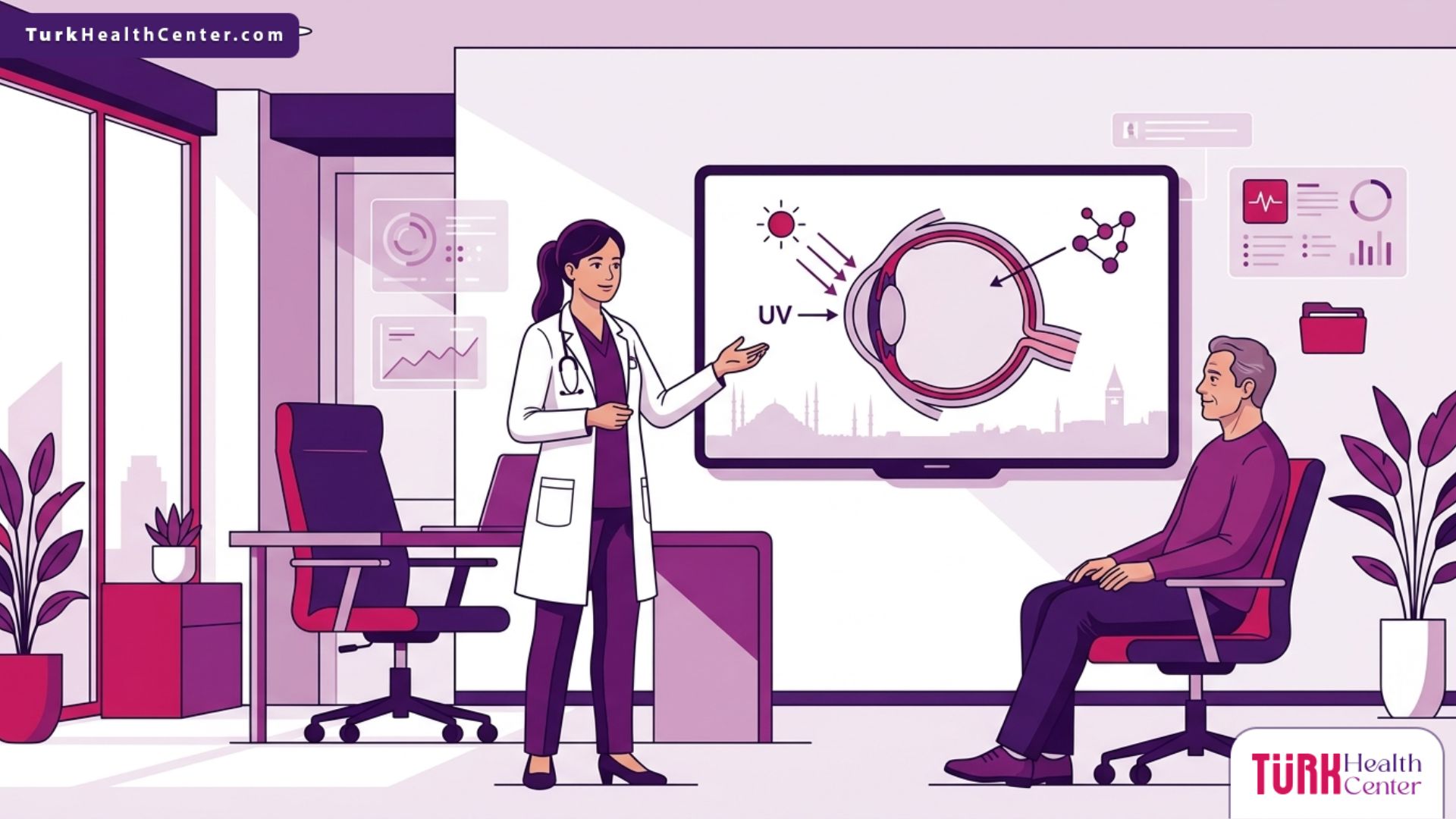 رسوم توضيحية فاخرة لطبيب يشرح خطوات عملية تثبيت القرنية في تركيا لمريض داخل عيادة عصرية متطورة 