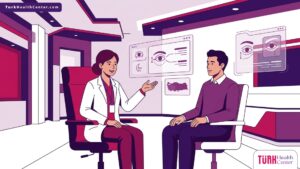 رسم توضيحي يظهر طبيب يشرح تفاصيل عملية تجميل العيون في تركيا لمريض داخل عيادة فاخرة