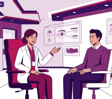 رسم توضيحي يظهر طبيب يشرح تفاصيل عملية تجميل العيون في تركيا لمريض داخل عيادة فاخرة