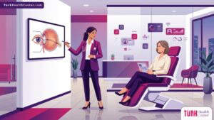 رسم توضيحي يظهر عيادة طبية حديثة وطبيب يشرح تفاصيل عملية تجميل مجرى الدمع في تركيا للمريض 