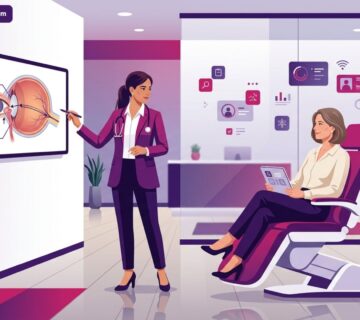 رسم توضيحي يظهر عيادة طبية حديثة وطبيب يشرح تفاصيل عملية تجميل مجرى الدمع في تركيا للمريض 