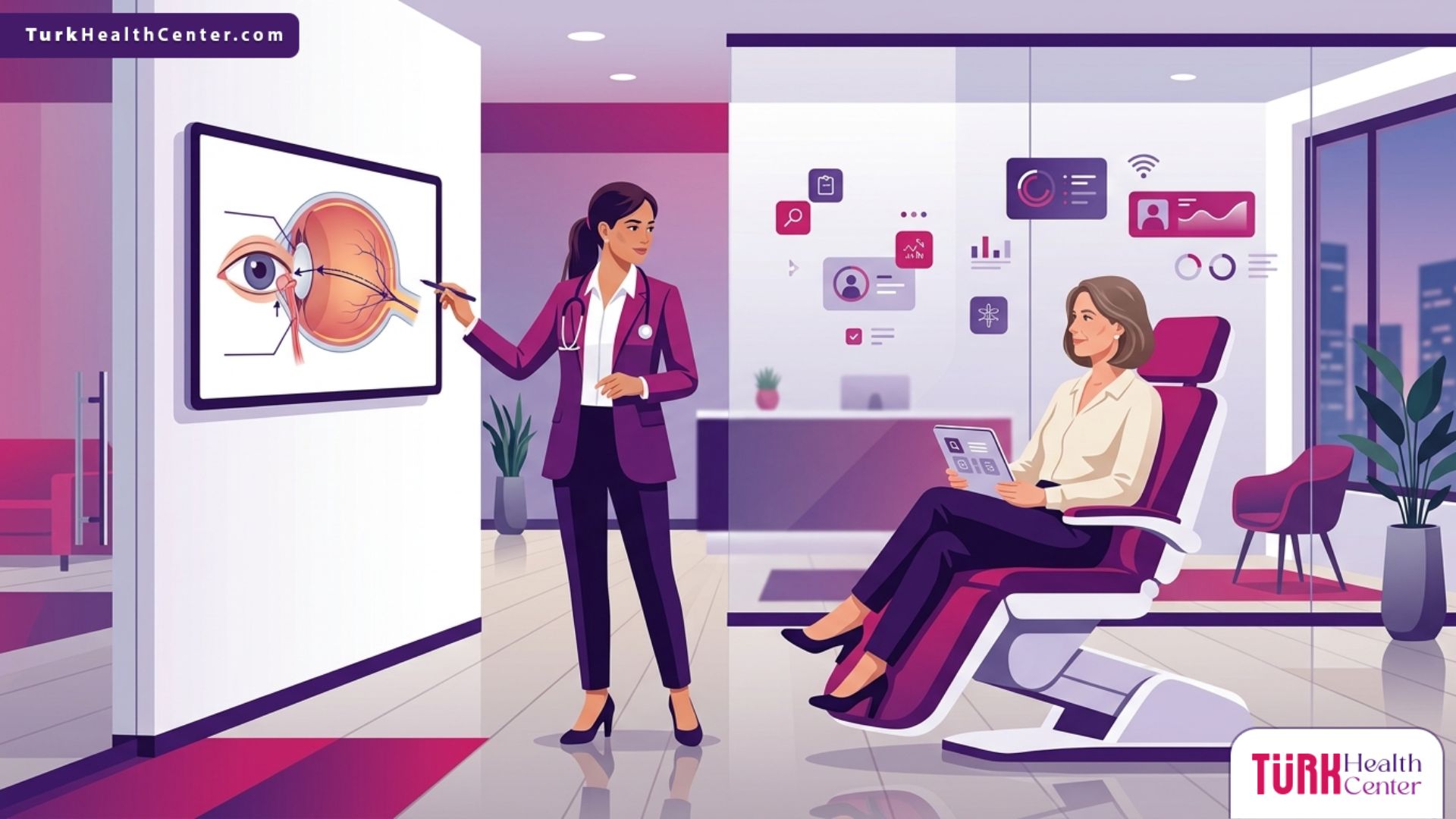 رسم توضيحي يظهر عيادة طبية حديثة وطبيب يشرح تفاصيل عملية تجميل مجرى الدمع في تركيا للمريض 