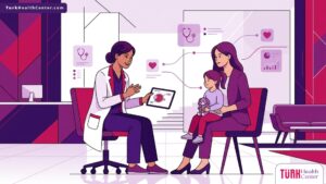 رسم توضيحي يظهر طبيب عيون يشرح تفاصيل عملية تسليك مجرى الدمع للأطفال لأم وطفلها في عيادة حديثة 