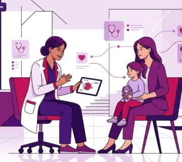 رسم توضيحي يظهر طبيب عيون يشرح تفاصيل عملية تسليك مجرى الدمع للأطفال لأم وطفلها في عيادة حديثة 