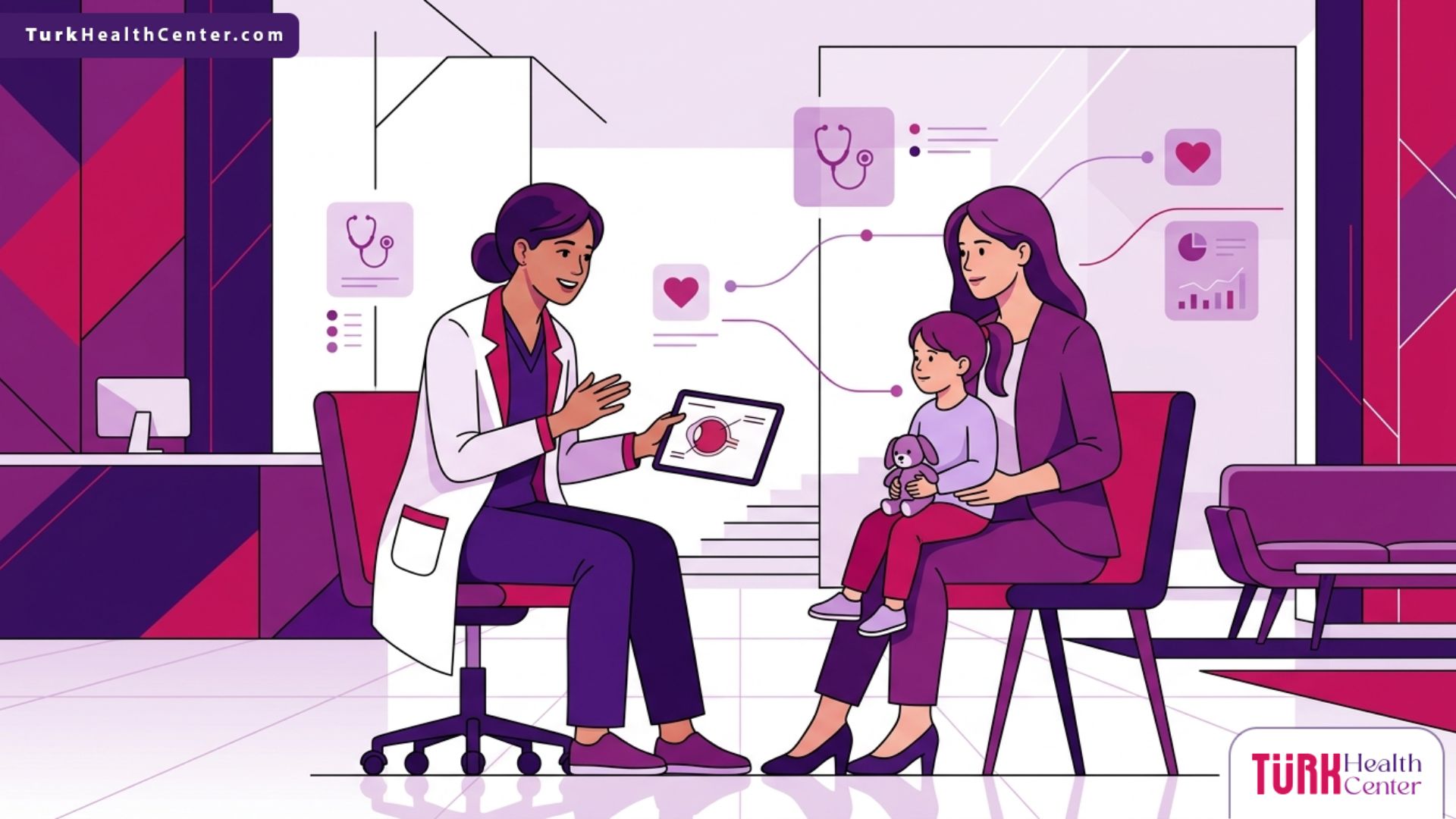 رسم توضيحي يظهر طبيب عيون يشرح تفاصيل عملية تسليك مجرى الدمع للأطفال لأم وطفلها في عيادة حديثة 