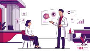 رسم توضيحي يظهر طبيب عيون يشرح تفاصيل عملية تصحيح الحول للكبار للمريض داخل عيادة طبية فاخرة 