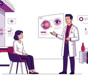 رسم توضيحي يظهر طبيب عيون يشرح تفاصيل عملية تصحيح الحول للكبار للمريض داخل عيادة طبية فاخرة 