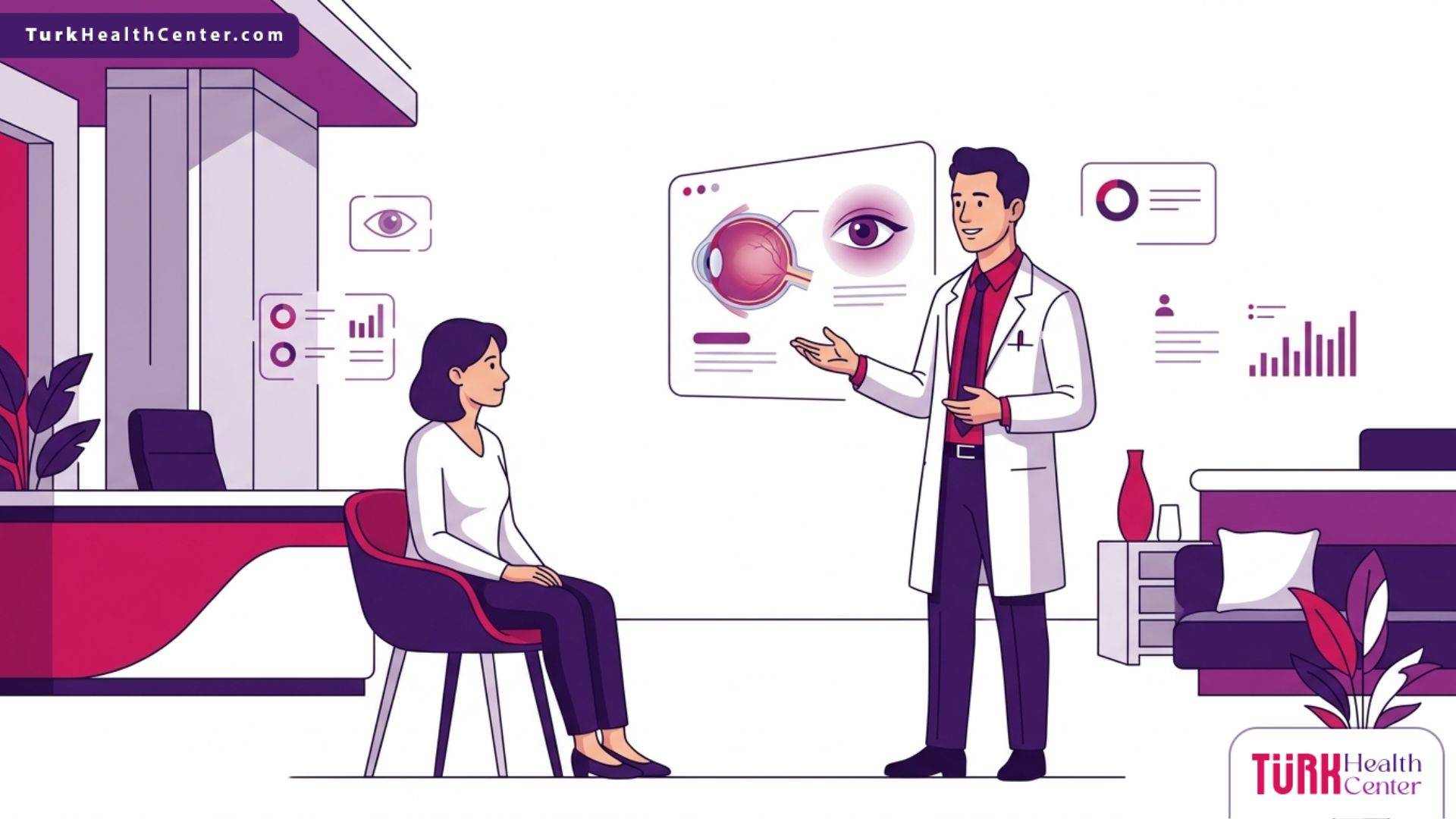 رسم توضيحي يظهر طبيب عيون يشرح تفاصيل عملية تصحيح الحول للكبار للمريض داخل عيادة طبية فاخرة 