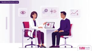 طبيب عيون يشرح للمريض تفاصيل عملية تصحيح النظر بالتقسيط في تركيا داخل عيادة حديثة 