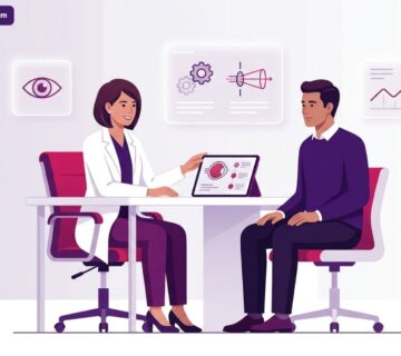 طبيب عيون يشرح للمريض تفاصيل عملية تصحيح النظر بالتقسيط في تركيا داخل عيادة حديثة 