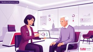 رسم توضيحي يظهر طبيب عيون يشرح تفاصيل عملية تصحيح النظر لكبار السن في تركيا لمريض داخل عيادة حديثة 