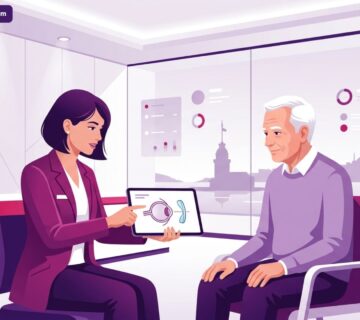 رسم توضيحي يظهر طبيب عيون يشرح تفاصيل عملية تصحيح النظر لكبار السن في تركيا لمريض داخل عيادة حديثة 