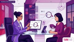 رسم توضيحي للطبيب يشرح عملية تصحيح طول النظر بالليزر في تركيا لمريض داخل عيادة عيون حديثة 