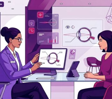 رسم توضيحي للطبيب يشرح عملية تصحيح طول النظر بالليزر في تركيا لمريض داخل عيادة عيون حديثة 