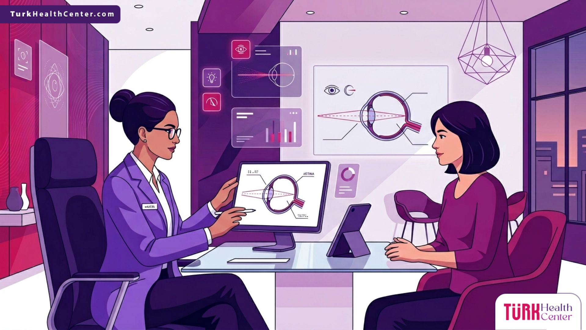 رسم توضيحي للطبيب يشرح عملية تصحيح طول النظر بالليزر في تركيا لمريض داخل عيادة عيون حديثة 